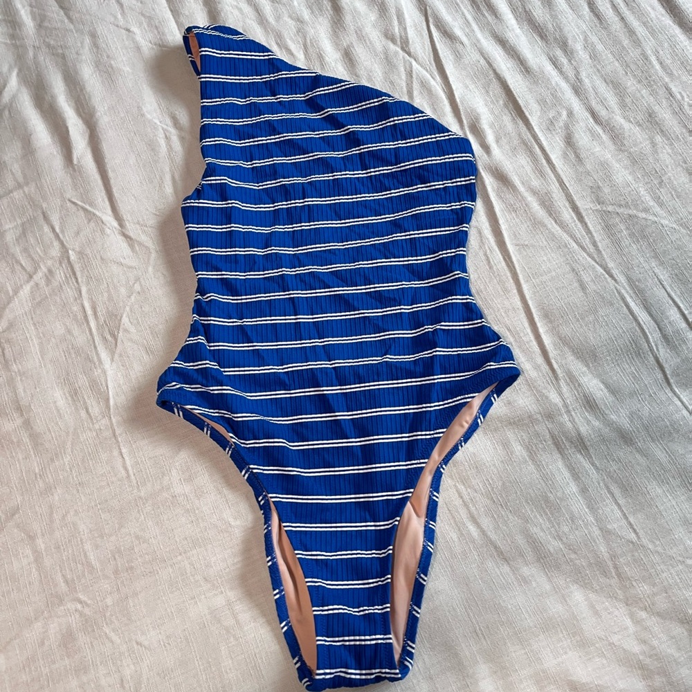 Blue Striped One-Shoulder Swimsuit
